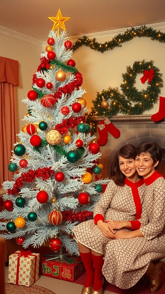 A 1960s Christmas scene with an aluminum tree, colorful decorations, and family members in retro attire.
